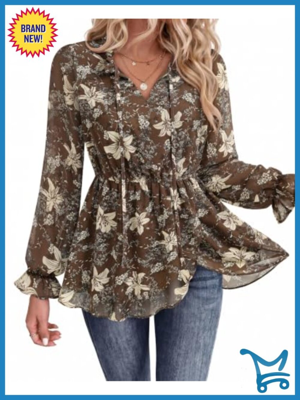 Ruffle Trim V-Neck Long Sleeve Chiffon Flowy Tunic Blouse